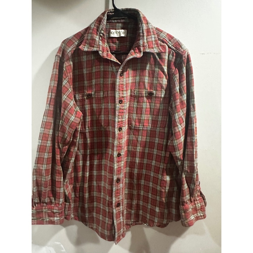 Orvis Mens Red Plaid Heavy Flannel Button Down Shirt Shacket Cotton Large